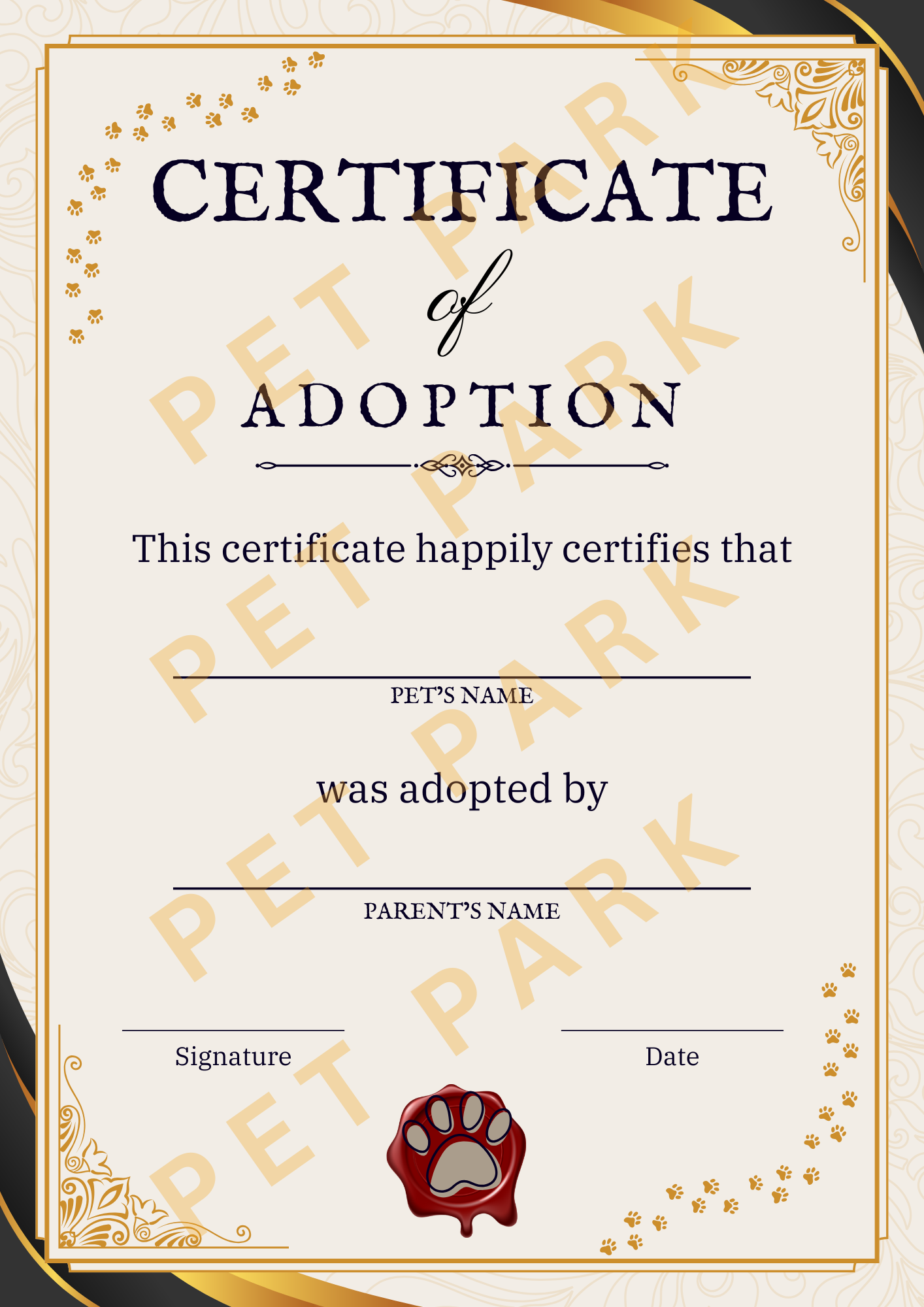 Printable Pet Adoption Certificate